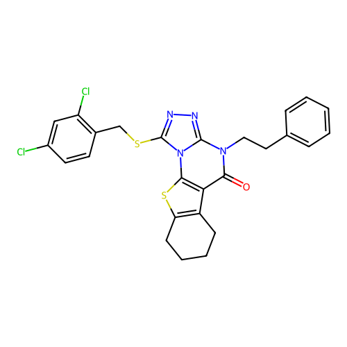 1-((2,4-dichlorobenzyl)thio)-4-phenethyl-6,7,8,9-tetrahydrobenzo[4,5]thieno[3,2-e][1,2,4]triazolo[4,3-a]pyrimidin-5(4H)-one structure