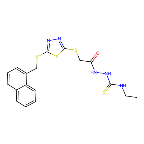 1-ethyl-3-[[2-[[5-(naphthalen-1-ylmethylsulfanyl)-1,3,4-thiadiazol-2-yl]sulfanyl]acetyl]amino]thiourea structure