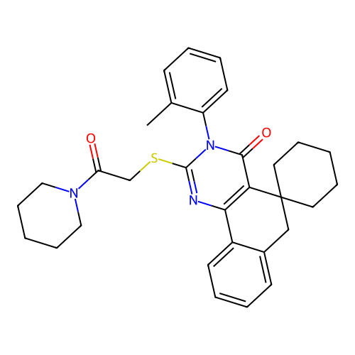2-((2-oxo-2-(piperidin-1-yl)ethyl)thio)-3-(o-tolyl)-3H-spiro[benzo[h]quinazoline-5,1'-cyclohexan]-4(6H)-one structure