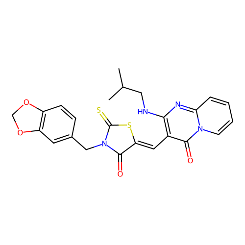 (Z)-3-(benzo[d][1,3]dioxol-5-ylmethyl)-5-((2-(isobutylamino)-4-oxo-4H-pyrido[1,2-a]pyrimidin-3-yl)methylene)-2-thioxothiazolidin-4-one structure