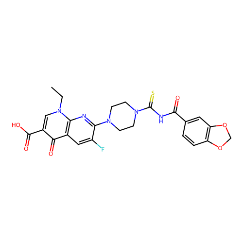 7-(4-((benzo[d][1,3]dioxole-5-carbonyl)carbamothioyl)piperazin-1-yl)-1-ethyl-6-fluoro-4-oxo-1,4-dihydro-1,8-naphthyridine-3-carboxylic acid structure