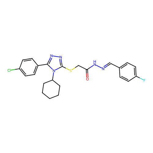 2-{[5-(4-chlorophenyl)-4-cyclohexyl-4H-1,2,4-triazol-3-yl]sulfanyl}-N'-[(E)-(4-fluorophenyl)methylidene]acetohydrazide structure
