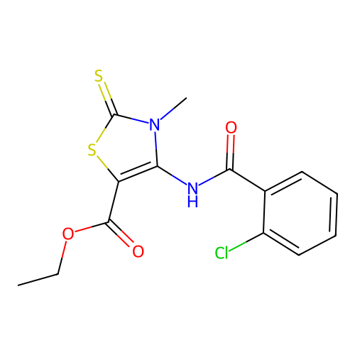 ethyl 4-(2-chlorobenzamido)-3-methyl-2-thioxo-2,3-dihydrothiazole-5-carboxylate structure