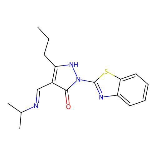 (E)-2-(benzo[d]thiazol-2-yl)-4-((isopropylimino)methyl)-5-propyl-1H-pyrazol-3(2H)-one structure