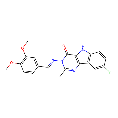 (E)-8-chloro-3-((3,4-dimethoxybenzylidene)amino)-2-methyl-3H-pyrimido[5,4-b]indol-4(5H)-one structure