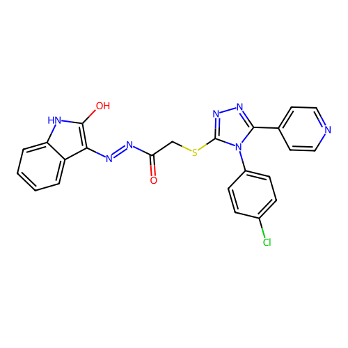 (Z)-2-((4-(4-chlorophenyl)-5-(pyridin-4-yl)-4H-1,2,4-triazol-3-yl)thio)-N'-(2-oxoindolin-3-ylidene)acetohydrazide structure