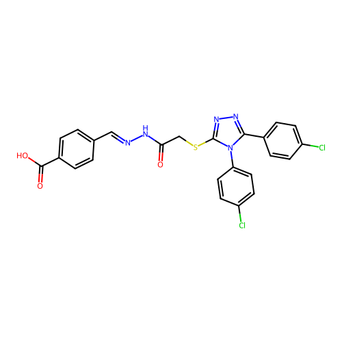 4-{(E)-[2-({[4,5-bis(4-chlorophenyl)-4H-1,2,4-triazol-3-yl]sulfanyl}acetyl)hydrazinylidene]methyl}benzoic acid structure
