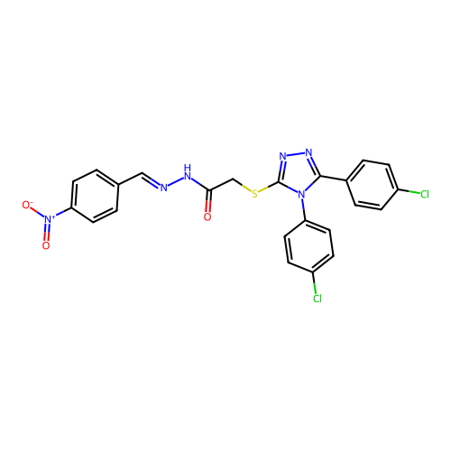 (E)-2-((4,5-bis(4-chlorophenyl)-4H-1,2,4-triazol-3-yl)thio)-N'-(4-nitrobenzylidene)acetohydrazide structure