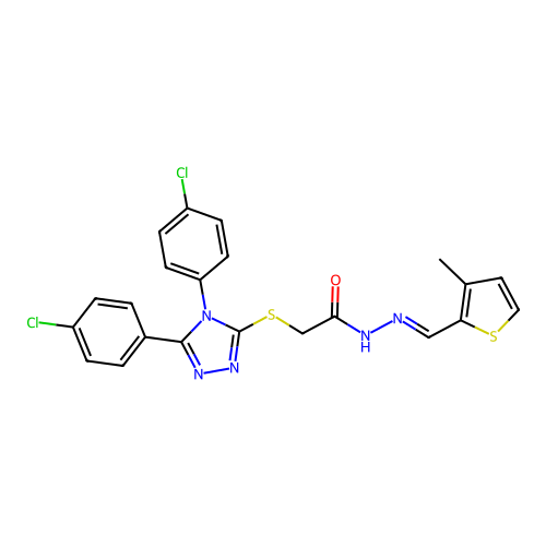(E)-2-((4,5-bis(4-chlorophenyl)-4H-1,2,4-triazol-3-yl)thio)-N'-((3-methylthiophen-2-yl)methylene)acetohydrazide structure