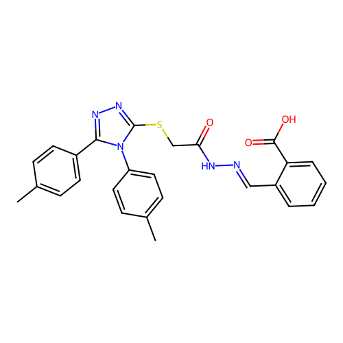 2-{(E)-[2-({[4,5-bis(4-methylphenyl)-4H-1,2,4-triazol-3-yl]sulfanyl}acetyl)hydrazinylidene]methyl}benzoic acid structure