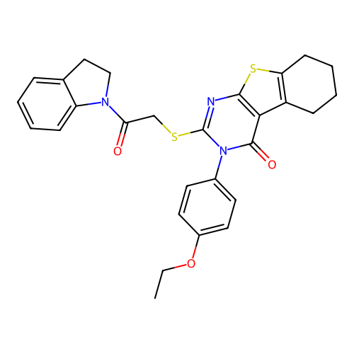 2-[2-(2,3-dihydroindol-1-yl)-2-oxoethyl]sulfanyl-3-(4-ethoxyphenyl)-5,6,7,8-tetrahydro-[1]benzothiolo[2,3-d]pyrimidin-4-one structure