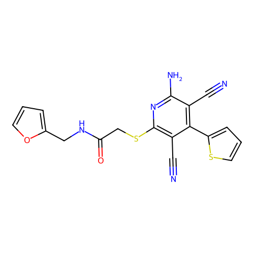 2-((6-amino-3,5-dicyano-4-(thiophen-2-yl)pyridin-2-yl)thio)-N-(furan-2-ylmethyl)acetamide structure