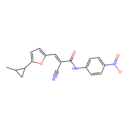 (2E)-2-cyano-3-[5-(2-methylcyclopropyl)furan-2-yl]-N-(4-nitrophenyl)prop-2-enamide structure