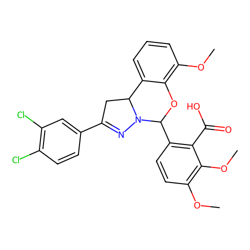 6-(2-(3,4-dichlorophenyl)-7-methoxy-5,10b-dihydro-1H-benzo[e]pyrazolo[1,5-c][1,3]oxazin-5-yl)-2,3-dimethoxybenzoic acid structure