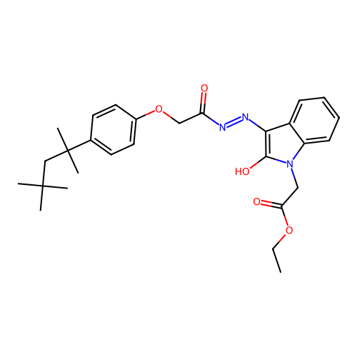 (E)-ethyl 2-(2-oxo-3-(2-(2-(4-(2,4,4-trimethylpentan-2-yl)phenoxy)acetyl)hydrazono)indolin-1-yl)acetate structure