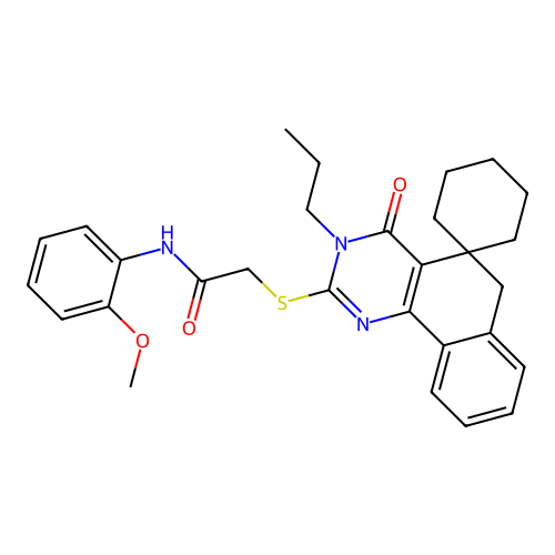 N-(2-methoxyphenyl)-2-((4-oxo-3-propyl-4,6-dihydro-3H-spiro[benzo[h]quinazoline-5,1'-cyclohexan]-2-yl)thio)acetamide structure