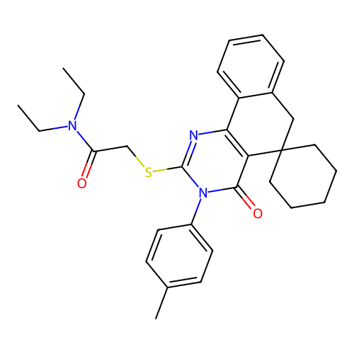 N,N-diethyl-2-((4-oxo-3-(p-tolyl)-4,6-dihydro-3H-spiro[benzo[h]quinazoline-5,1'-cyclohexan]-2-yl)thio)acetamide structure