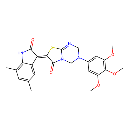 (Z)-7-(5,7-dimethyl-2-oxoindolin-3-ylidene)-3-(3,4,5-trimethoxyphenyl)-3,4-dihydro-2H-thiazolo[3,2-a][1,3,5]triazin-6(7H)-one structure