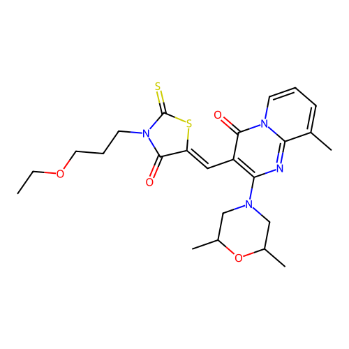 2-(2,6-dimethylmorpholin-4-yl)-3-{(Z)-[3-(3-ethoxypropyl)-4-oxo-2-thioxo-1,3-thiazolidin-5-ylidene]methyl}-9-methyl-4H-pyrido[1,2-a]pyrimidin-4-one structure