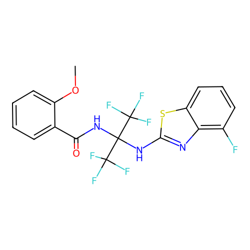 N-(1,1,1,3,3,3-hexafluoro-2-((4-fluorobenzo[d]thiazol-2-yl)amino)propan-2-yl)-2-methoxybenzamide structure