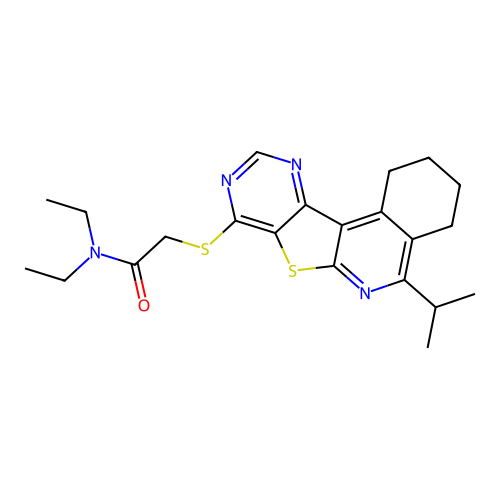 N,N-diethyl-2-((5-isopropyl-1,2,3,4-tetrahydropyrimido[4',5':4,5]thieno[2,3-c]isoquinolin-8-yl)thio)acetamide structure
