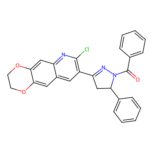 (3-(7-chloro-2,3-dihydro-[1,4]dioxino[2,3-g]quinolin-8-yl)-5-phenyl-4,5-dihydro-1H-pyrazol-1-yl)(phenyl)methanone structure