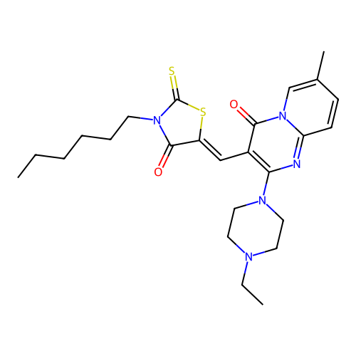 2-(4-ethylpiperazin-1-yl)-3-[(Z)-(3-hexyl-4-oxo-2-thioxo-1,3-thiazolidin-5-ylidene)methyl]-7-methyl-4H-pyrido[1,2-a]pyrimidin-4-one structure
