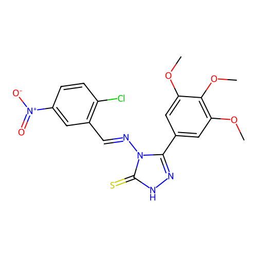 (E)-4-((2-chloro-5-nitrobenzylidene)amino)-5-(3,4,5-trimethoxyphenyl)-4H-1,2,4-triazole-3-thiol structure