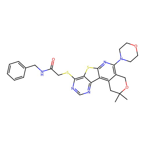 N-benzyl-2-((2,2-dimethyl-5-morpholino-2,4-dihydro-1H-pyrano[4'',3'':4',5']pyrido[3',2':4,5]thieno[3,2-d]pyrimidin-8-yl)thio)acetamide structure