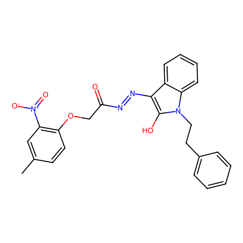 (E)-2-(4-methyl-2-nitrophenoxy)-N'-(2-oxo-1-phenethylindolin-3-ylidene)acetohydrazide structure
