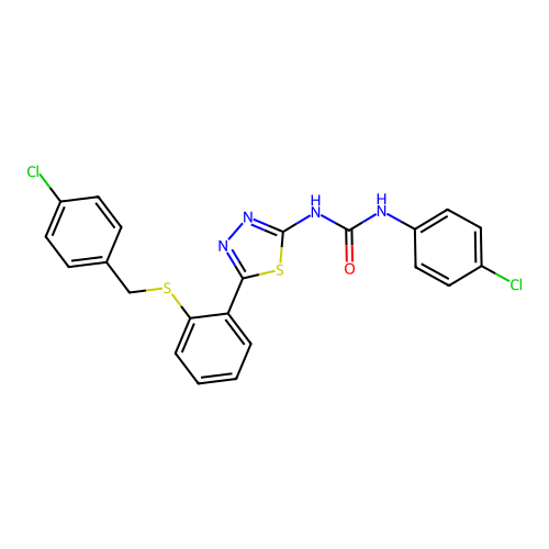 1-(5-(2-((4-chlorobenzyl)thio)phenyl)-1,3,4-thiadiazol-2-yl)-3-(4-chlorophenyl)urea structure