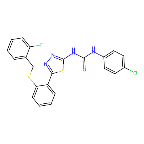 1-(4-chlorophenyl)-3-(5-{2-[(2-fluorobenzyl)sulfanyl]phenyl}-1,3,4-thiadiazol-2-yl)urea structure