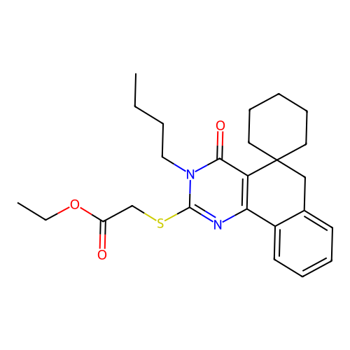 ethyl 2-(3-butyl-4-oxospiro[6H-benzo[h]quinazoline-5,1'-cyclohexane]-2-yl)sulfanylacetate structure