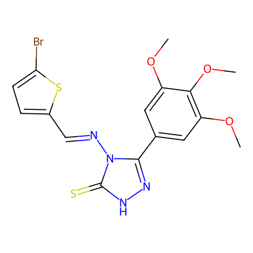 (E)-4-(((5-bromothiophen-2-yl)methylene)amino)-5-(3,4,5-trimethoxyphenyl)-4H-1,2,4-triazole-3-thiol structure