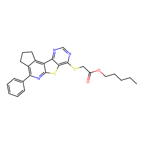 pentyl [(4-phenyl-2,3-dihydro-1H-cyclopenta[4',5']pyrido[3',2':4,5]thieno[3,2-d]pyrimidin-7-yl)sulfanyl]acetate structure