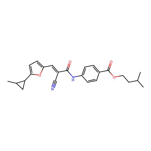 3-methylbutyl 4-({(2E)-2-cyano-3-[5-(2-methylcyclopropyl)furan-2-yl]prop-2-enoyl}amino)benzoate structure