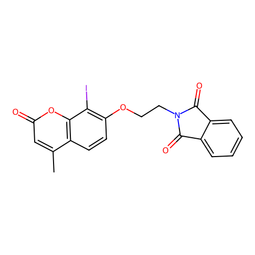 2-[2-(8-iodo-4-methyl-2-oxochromen-7-yl)oxyethyl]isoindole-1,3-dione structure