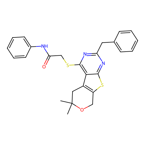 2-((2-benzyl-6,6-dimethyl-6,8-dihydro-5H-pyrano[4',3':4,5]thieno[2,3-d]pyrimidin-4-yl)thio)-N-phenylacetamide structure