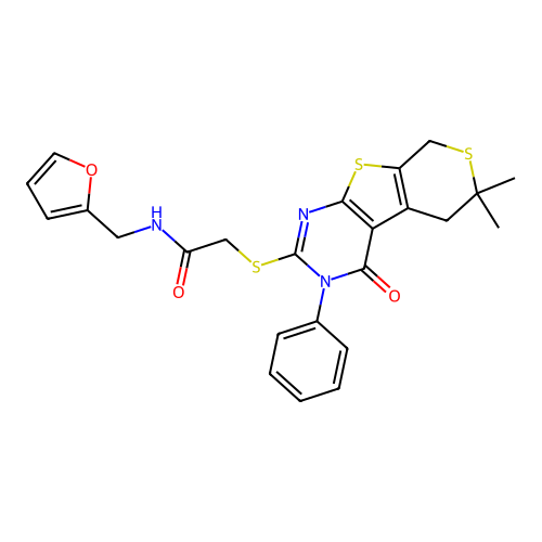 2-((6,6-dimethyl-4-oxo-3-phenyl-4,5,6,8-tetrahydro-3H-thiopyrano[4',3':4,5]thieno[2,3-d]pyrimidin-2-yl)thio)-N-(furan-2-ylmethyl)acetamide structure