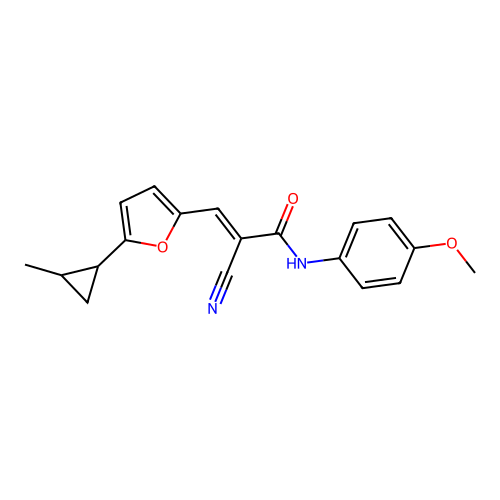 (2E)-2-cyano-N-(4-methoxyphenyl)-3-[5-(2-methylcyclopropyl)furan-2-yl]prop-2-enamide structure