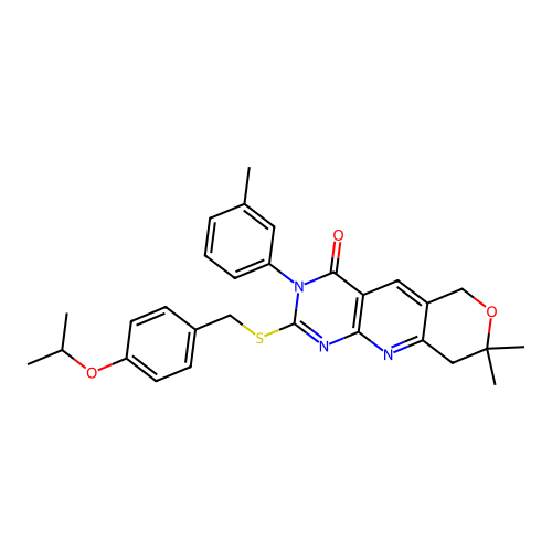 2-((4-isopropoxybenzyl)thio)-8,8-dimethyl-3-(m-tolyl)-8,9-dihydro-3H-pyrano[3',4':5,6]pyrido[2,3-d]pyrimidin-4(6H)-one structure