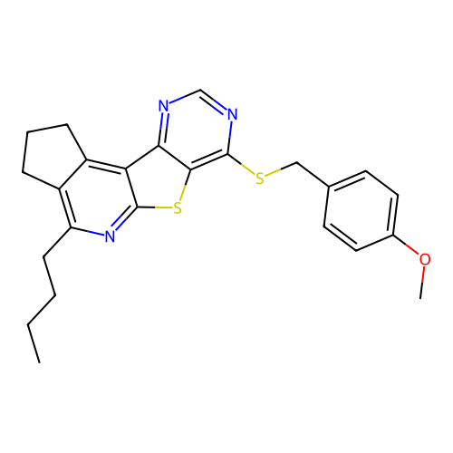 4-butyl-7-((4-methoxybenzyl)thio)-2,3-dihydro-1H-cyclopenta[4',5']pyrido[3',2':4,5]thieno[3,2-d]pyrimidine structure