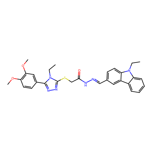 (E)-2-((5-(3,4-dimethoxyphenyl)-4-ethyl-4H-1,2,4-triazol-3-yl)thio)-N'-((9-ethyl-9H-carbazol-3-yl)methylene)acetohydrazide structure