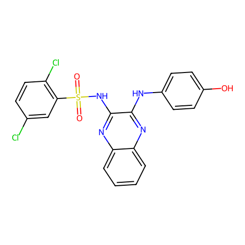 2,5-dichloro-N-(3-((4-hydroxyphenyl)amino)quinoxalin-2-yl)benzenesulfonamide structure