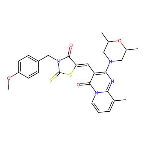 2-(2,6-dimethylmorpholin-4-yl)-3-{(Z)-[3-(4-methoxybenzyl)-4-oxo-2-thioxo-1,3-thiazolidin-5-ylidene]methyl}-9-methyl-4H-pyrido[1,2-a]pyrimidin-4-one structure