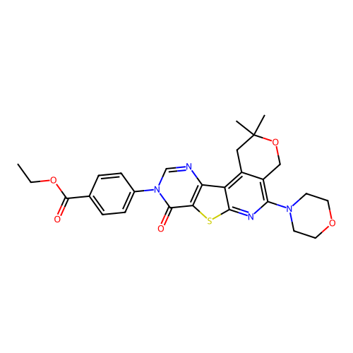 ethyl 4-(2,2-dimethyl-5-morpholino-8-oxo-1H-pyrano[4'',3'':4',5']pyrido[3',2':4,5]thieno[3,2-d]pyrimidin-9(2H,4H,8H)-yl)benzoate structure