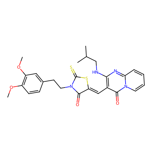 3-[(Z)-{3-[2-(3,4-dimethoxyphenyl)ethyl]-4-oxo-2-thioxo-1,3-thiazolidin-5-ylidene}methyl]-2-[(2-methylpropyl)amino]-4H-pyrido[1,2-a]pyrimidin-4-one structure