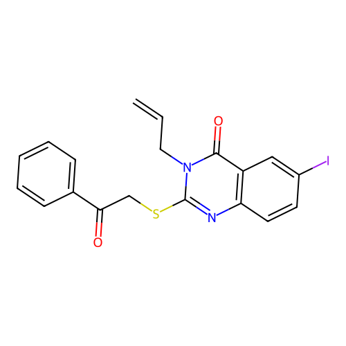 6-iodo-2-[(2-oxo-2-phenylethyl)sulfanyl]-3-(prop-2-en-1-yl)quinazolin-4(3H)-one structure