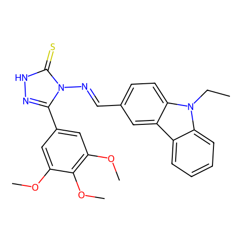 4-[(E)-(9-ethylcarbazol-3-yl)methylideneamino]-3-(3,4,5-trimethoxyphenyl)-1H-1,2,4-triazole-5-thione structure