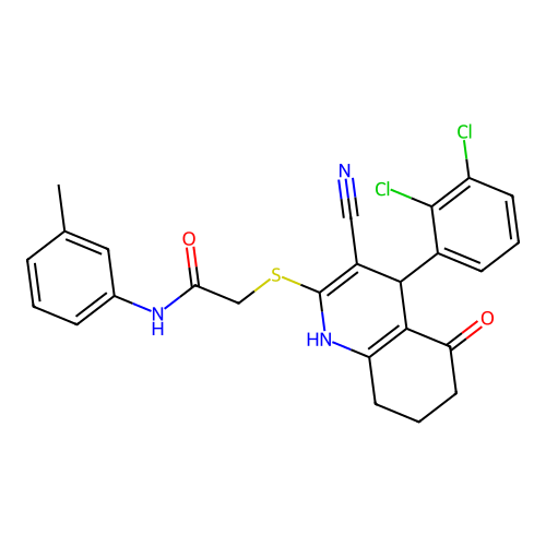 2-((3-cyano-4-(2,3-dichlorophenyl)-5-oxo-1,4,5,6,7,8-hexahydroquinolin-2-yl)thio)-N-(m-tolyl)acetamide structure
